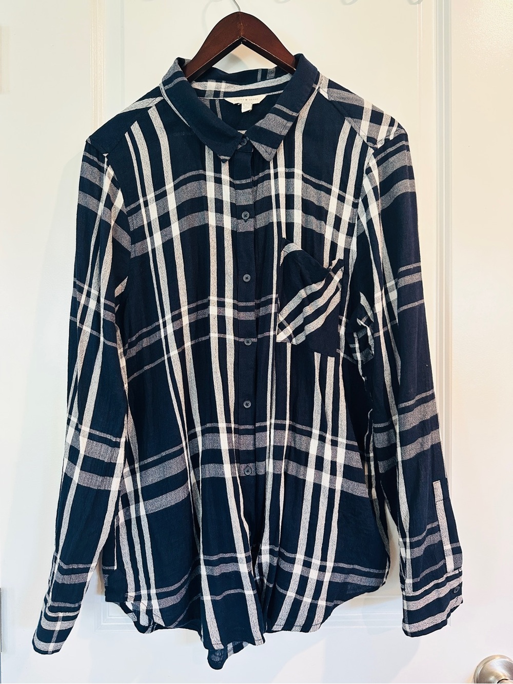 Lucky Brand Navy and White Plaid Button-Up Blouse